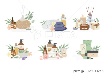 Set of beauty and skin care natural products, scented candles, essential oil, aroma lamp, accessories, massage. Bodycare and spa vector illustration. 129543243
