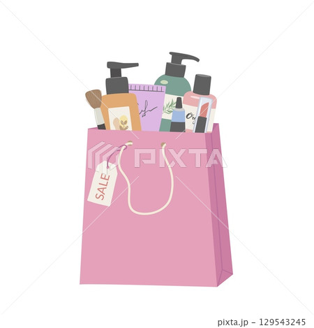 Cosmetic sale shopping bag flat vector illustration. Beauty and skin care products in package on white background. Promotion banner, poster, discounts Cosmetic sale shopping bag flat vector illustration. Beauty and skin care products in package on white background. Promotion banner, poster, discounts 129543245