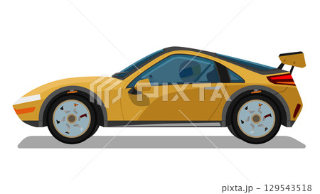 Concept vector illustration of detailed side of a flat yellow sports car with driving man inside car. with shadow of car on reflected from isolated white background. 129543518