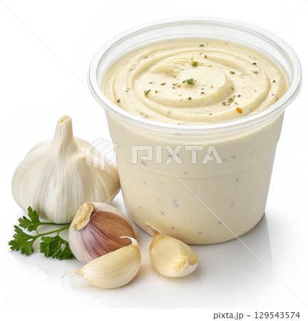 A creamy garlic sauce in a container 129543574