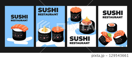 Set of vector illustrated advertising banners, posters, placards, and leaflets with Japanese cuisine. Traditional Asian food including sushi, rolls. Perfect for Asian restaurant branding promotion Set of vector illustrated advertising banners, posters, placards, and leaflets with Japanese cuisine. Traditional Asian food including sushi, rolls. Perfect for Asian restaurant branding promotion 129543661