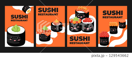 Set of vector illustrated advertising banners, posters, placards, and leaflets with Japanese cuisine. Traditional Asian food including sushi, rolls. Perfect for Asian restaurant branding promotion Set of vector illustrated advertising banners, posters, placards, and leaflets with Japanese cuisine. Traditional Asian food including sushi, rolls. Perfect for Asian restaurant branding promotion 129543662