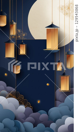 Golden lanterns hang against a deep blue night sky with a large moon and decorative clouds 129543868