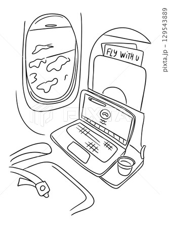 Airplane window view with laptop on tray table and cup of drink, hand drawn in simple lines Airplane window view with laptop on tray table and cup of drink, hand drawn in simple lines 129543889
