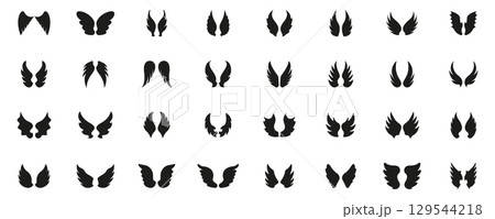 Angel and Fantasy Wings Solid Icon Set. Collection of Symmetrical Wing Shapes. Flight, Freedom, Power, and Fantasy Silhouette Symbol Collection. Isolated Vector Illustration 129544218