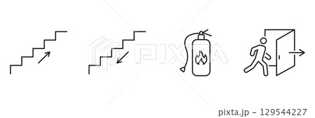Emergency Evacuation And Safety Icons Set. Fire Safety, Exit Route, And Stairway Direction Outline Symbol Collection. Emergency Preparedness. Editable Stroke. Isolated Vector Illustration 129544227