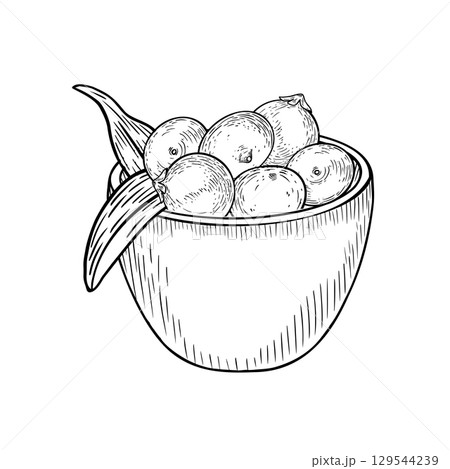 Bowl of acai berries black white vector illustration isolated on white. Fresh small tropical berries, palm leaves in deep plate outline hand drawn. Superfood for packaging, product label. 129544239