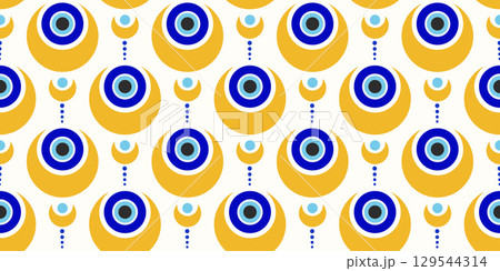 Evil eye Turkish pattern. Greek ornament seamless background with blue beads. Magic nazar amulet. Abstract symbol of luck energy and protection. Mystic ornament with spiritual talismans. 129544314