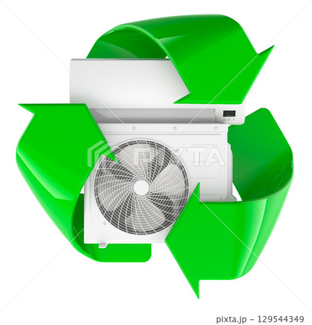 Air conditioner outdoor unit with recycling symbol. 3D rendering 129544349