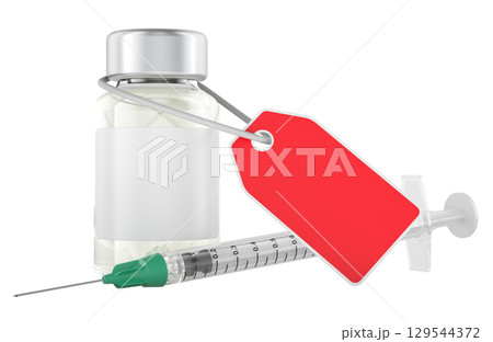 Vial and syringe with red price tag. 3D rendering Vial and syringe with red price tag. 3D rendering 129544372