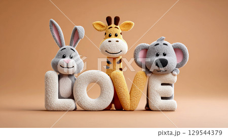 Three characters: a rabbit, a giraffe, and a koala stand behind the letters that together form the word "LOVE". They symbolize unity around love.	 129544379