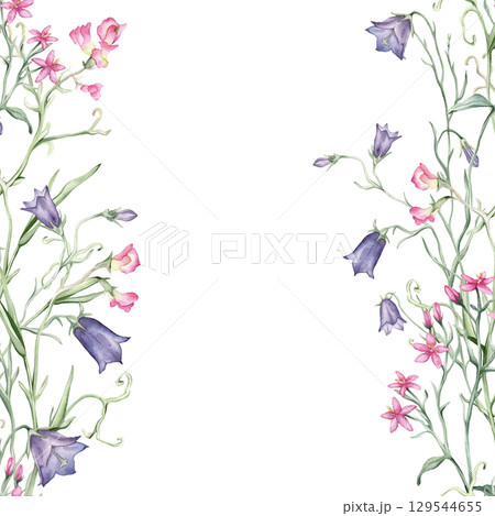 Seamless sqare vertical border or frame with pink purple wildflowers. Hand drawn watercolor illustration on white isolated background. Summer floral pattern for frame or banner with blue bluebells. 129544655