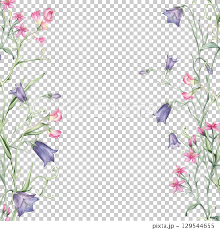 Seamless sqare vertical border or frame with pink purple wildflowers. Hand drawn watercolor illustration on white isolated background. Summer floral pattern for frame or banner with blue bluebells. 129544655