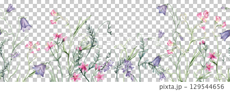 Seamless horizontal border or banner with pink purple wildflowers. Hand drawn watercolor illustration on white isolated background. Summer floral pattern for frame or banner with blue bluebells. 129544656
