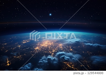 Futuristic city aerial view at night. Structure of sci-fi metropolis with neon lights from the bird view. Generated AI 129544800