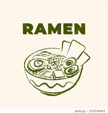 Stylish vector ramen illustration in hand drawn pencil sketch style. Asian Japanese food and cuisine elements for banners, posters, branding, t shirt prints, advertising design 129544801
