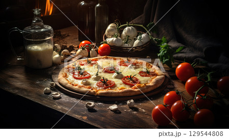 Pizza with cheese, tomatoes and other ingredients on the kitchen table. Generated AI. 129544808