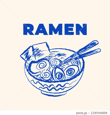 Stylish vector ramen illustration in hand drawn pencil sketch style. Asian Japanese food and cuisine elements for banners, posters, branding, t shirt prints, advertising design 129544809