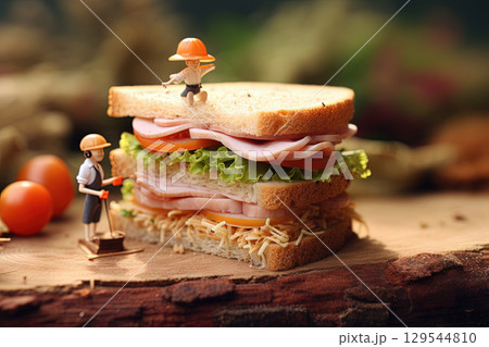 Tiny people building juicy sandwich on the lawn. Funny food concept. Generated AI. 129544810