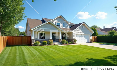 Beautiful suburban house with landscaped lawn, trees, and blue sky on a sunny day. Generated AI 129544843