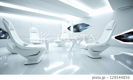 A white room with chairs and a good view. Futuristic business room, for work and meetings. Generated AI 129544850