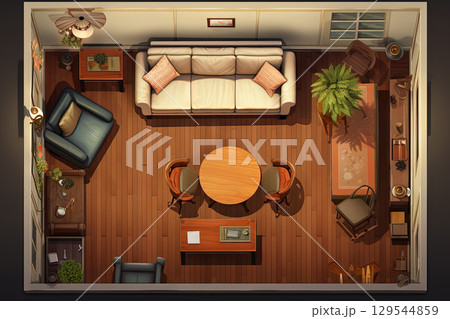 Living room with desk, sofa and other furniture view from above. Casual interior top view. Generated AI. 129544859