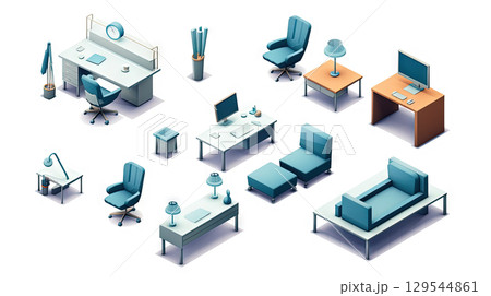 Set of isometric office furniture with desk and chair icons. Generated AI. 129544861
