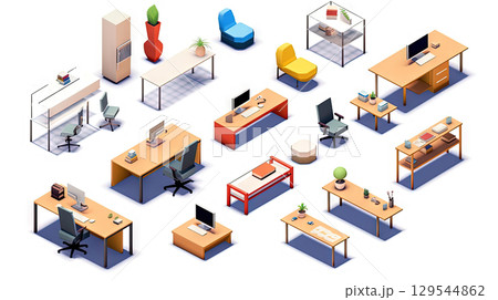 Set of isometric office furniture with desk and chair icons. Generated AI. 129544862