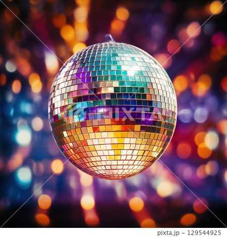Disco ball with party illumination glow. 80s styled disco party mirror ball. Generated AI. Disco ball with party illumination glow. 80s styled disco party mirror ball. Generated AI. 129544925