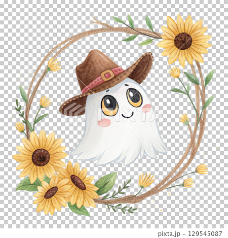 cute ghost wearing a cowboy hat, surrounded by flower floral frame Watercolor PNG White Background 129545087