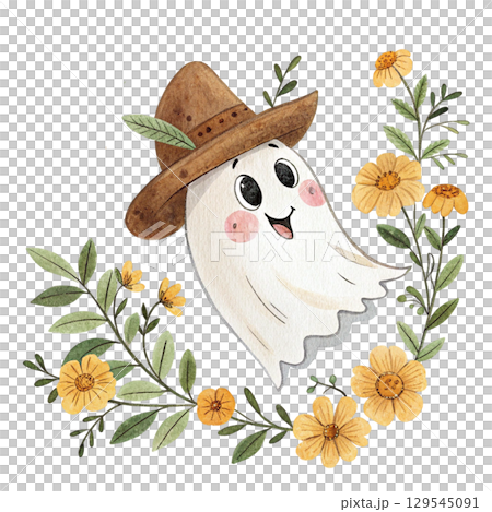 cute ghost wearing a cowboy hat, surrounded by flower floral frame Watercolor PNG White Background 129545091
