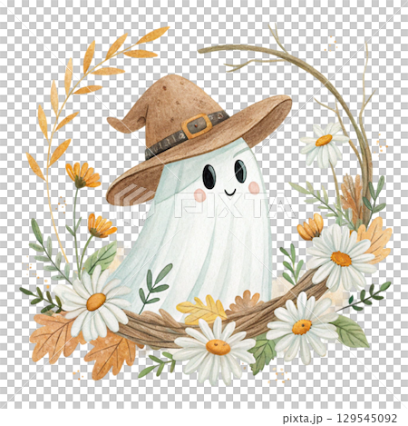 cute ghost wearing a cowboy hat, surrounded by flower floral frame Watercolor PNG White Background cute ghost wearing a cowboy hat, surrounded by flower floral frame Watercolor PNG White Background 129545092