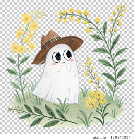cute ghost wearing a cowboy hat, surrounded by flower floral frame Watercolor PNG White Background 129545094