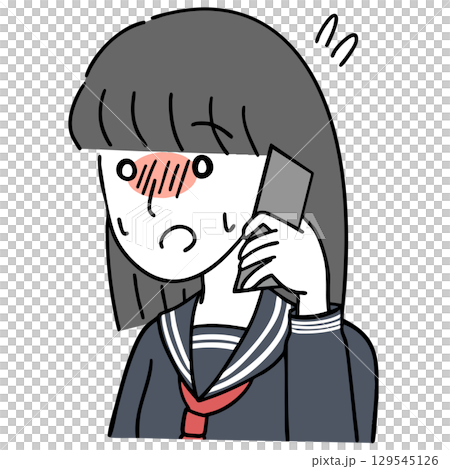 緊張しながら電話する女子学生（セーラー服） 129545126