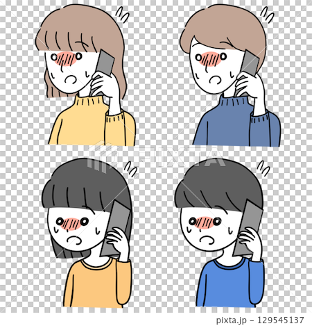 A set of adults and children making a phone call while feeling nervous A set of adults and children making a phone call while feeling nervous 129545137