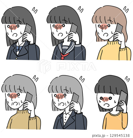 緊張しながら電話する女性のセット 129545138