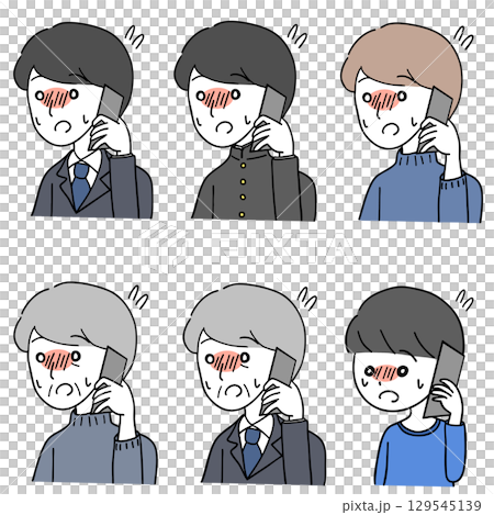 A set of men making phone calls while feeling nervous A set of men making phone calls while feeling nervous 129545139