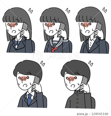 緊張しながら電話する学生とスーツ姿のセット 129545140