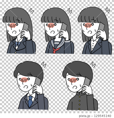 緊張しながら電話する学生とスーツ姿のセット 129545140