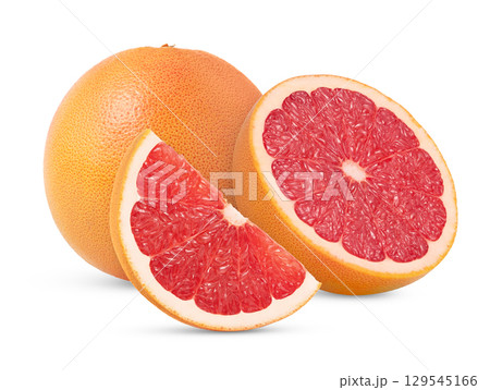 Grapefruit cut and whole grapefruit. Halved ripe grapefruit. Grapefruit with cut in half isolated. 129545166