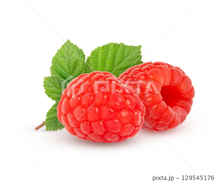 Two red raspberries with green leaf, bunch isolate. Raspberry with leaves isolated on white. Raspberry isolated. Two red raspberries with green leaf, bunch isolate. Raspberry with leaves isolated on white. Raspberry isolated. 129545176