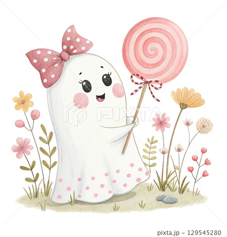 Watercolor kawaii ghost Halloween Clipart PNG White Background 129545280