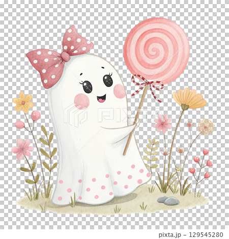 Watercolor kawaii ghost Halloween Clipart PNG White Background 129545280