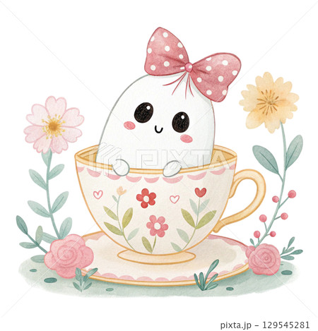 Watercolor kawaii ghost Halloween Clipart PNG White Background 129545281