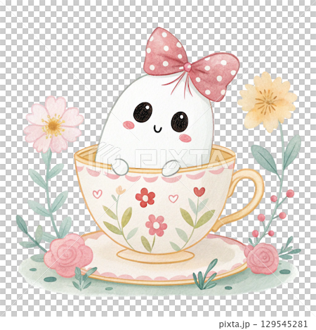 Watercolor kawaii ghost Halloween Clipart PNG White Background 129545281