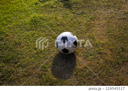 Football On The Grass a football on lush green grass, capturing the sport's essence. Perfect for sports ads or editorial use. 129545517