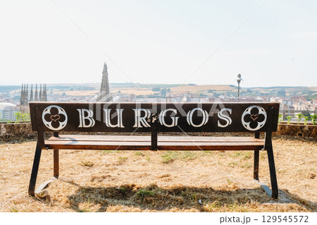 bench on Castle Hill facing Burgos Cathedral tower view 129545572