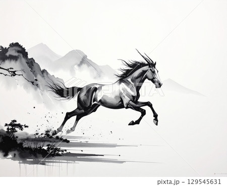 墨絵風の馬シルエット 和風干支午 年賀状素材 ミニマルアート 水墨画