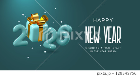 Happy 2026 New Year greeting featuring 3D teal glossy numbers with gift box and gold bow. Festive design for seasonal celebration. Vector illustration. Happy 2026 New Year greeting featuring 3D teal glossy numbers with gift box and gold bow. Festive design for seasonal celebration. Vector illustration. 129545756