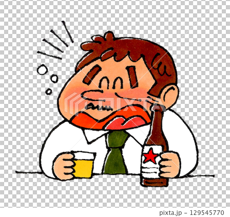 Dad drinking bottled beer happily Dad drinking bottled beer happily 129545770